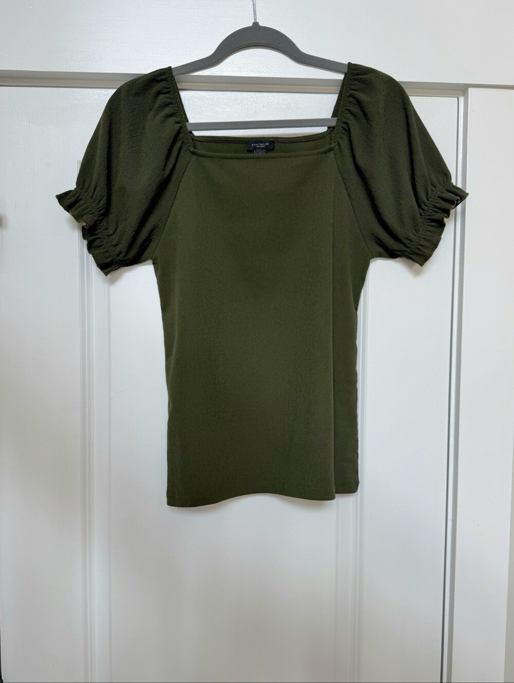 Ann Taylor Olive Green Puff-Sleeve Square Neck Blouse